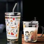 SIDS CREATION Random Design Cartoon Glass Milk Fruit Juice Cup for Kids 400ml and Glass Sipper Tumbler with Lid and Straw 470 ML