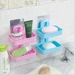 SHOPITECH Plastic Double Layer Sucker Wall Mounted Soap 2 Box with Flipped Idea Suction Cup Holder for Bathroom and Wash Basin, Soap Box with Suction Cup Holder Rack for Bathroom