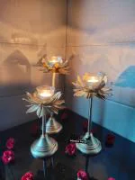 blissful decor presents Golden Lotus tea light candle Stand for Decorations with Glass Tealight Holder ( Set of 3 ) (clear- votives)