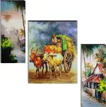 Indianara Set of 3 Indian Village MDF Art Painting (3581FL) without glass (4.5 X 12, 9 X 12, 4.5 X 12 INCH) Digital Reprint 12 inch x 18 inch Painting (With Frame, Pack of 3)