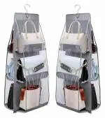 Juzr Purse Handbag Organizer 6 Pocket Foldable Large Clear Anti Dust Hanging Storage Bag Organizer with Hook Purse Hanger Storage Holder for Wardrobe Closet Organizer Pack of 2 | Multicolor