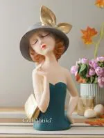 CraftVatika Bowknot Lady with Purse Showpiece Statue, Girl with Hat Figurine for Home Decor