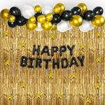 SPECIALYOU.IN Happy Birthday Party Decoration DIY combo with black, metallic gold and white balloon, Star Foil Balloon and Black Paper Happy Birthday With gold Foil Curtain Fringe backdrop - 45 items