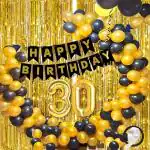 Krido 30th Black Gold Happy Birthday Decoration for Girls Kids Boys with Black Happy Birthday Banner,Black,Gold Balloons, Golden Foil Curtain,Arch Tape birthday decoration items for room |
