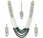 Gyaan Jewels Handmade Gold Plated Alloy Necklace, Earring and Maang Tikka Set Green, White (Girls, Women) Free Size