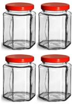 RTWARE Transparent Hexagonal Glass Jar for Kitchen Storage with Airtight Red Cap / Lid 250 ml (Set of 4)