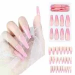 Coslifestore Press On Nails 24 Reusable Gel Nail Extensions Shape Long Ballerina French Nails With Full Application Kit Buffer, Manicure Tool, 24 Jelly Tabs Nail Glue Diy Nail Art (Pink French)