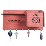 Kuber Industries Wooden Lord Ganesha Wall 7 Hooks Key Holder For Home Decor With Mobile Stand & Wall Shelf (Brown)