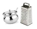 BLUE WONDER Stainless Steel Multipurpose Ghee Pot/Pickle Container with Spoon With Stainless Steel 4 in 1 Grater and (Multicolour, Pack of 2)