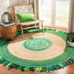 Green Flower Jute Chindi Rug Carpet, Braided Rug, Hand Woven & Reversible,Vibrant Fabric Rags for Living Room, Bedroom, Kitchen, entryways and Decoration ( Pack of 1) Size 130 cm Round