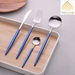 YELONAPremium Matte Silverware Set with Blue Handle, SUS 304 Stainless Steel Kitchen Utensil Set, Tableware Cutlery Set for Home and Restaurant -(Silver, Set of 4PCS)