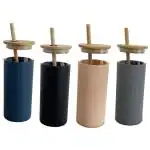 Welour Glass Multicolor Luxury Water Bottle With Bamboo Straw - 480 Ml (Set Of 4)