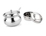 GOODFEEL Stainless Steel Multipurpose Ghee Pot/Pickle Container with Spoon With Stainless Steel Ash Tray Tabletop Decor and (Multicolour, Pack of 2)