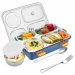 Rich mart 4 Compartment Lunch Box for Kids with Spoon and Fork, Stainless Steel, Bento Lunch Box for Office, School, Men, Women, with Liquid Bowl and Spoon Storage Space. (Blue)