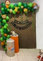 SPECIALYOU.IN Jungle Theme Birthday Decoration Items for boys includes Dark Green, Orange and Pastel Green Balloons with Animal Foil balloons, Artificial green vines and birthday paper banner- 44 Items
