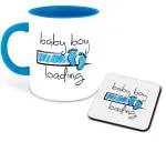 Whats Your Kick Baby Shower Gift Baby Boy is Loading Printed Sky Blue Ceramic Coffee Mug with Coaster and Tea Mug 325ml