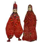 eGharonda Traditional Handcrafted Rajasthani Colorful Wooden Face String, Wood Folk Puppets aka Kathputli aka Rajasthani Dolls Art, Handmade Puppet Pair for Home Décor, Cultural Program and Events