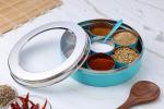 Dudki Stainless Steel Spice Box Organiser for Kitchen with 7 Containers and a Small Spoon ( Aqua )