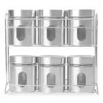 Home Heaven Brushed Stainless Steel and Glass Canister Set, 6 Pieces, with Rack for Spices or Grains, Kitchen Organisation