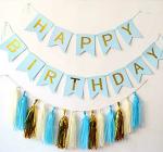 AMFIN Happy Birthday Banners with Blue Gold and White Tassel Perfect for Birthday Decoration Materials - Blue