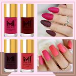 MI Fashion Smooth Matte Nail Polish Smooth Brush Applicator 4 Bottles 9.9ml each ( Dark Sienna, Bulgarian Rose Red, Peach, Magenta Pink)