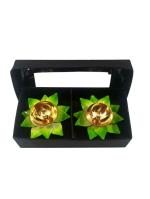 A V Gifts and Handicrafts Brass and Iron Made Lotus Diya Green 3 inch Set of 2