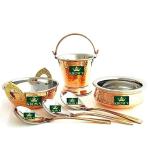 KROWN Serving Set of Steel Copper Hammered Design Handi, Kadhai & 3 Serving Spoon, 6 Pieces Set