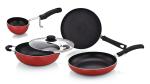Twin Birds Red Aluminium Non-Stick Cookware Set - Flat Tawa, Tadaka Pan, Kadai, Glass Lid, Fry Pan (Pack of 5)