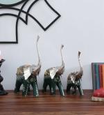 SA Handicraft Wooden Green Handpainted Elephant (Set Of 3) Table Décor Multicolor (16x13x11) inch