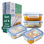 Truly Eco Smart Living Retail Glass Containers with Lid - 370ml |Oblong Borosilicate Glass Containers for Kitchen Storage | Microwave & Freezer Safe (Set of 4)