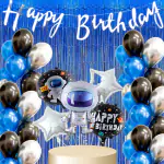 House of Banter Astronaut Theme Birthday Decoration set of 52pc Balloon - 45 Blue, black and silver metallic balloons, Astronaut theme foil balloon set of 5, 1 Happy Birthday banner, 1pc Blue Curtain