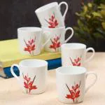 Clay Craft Fine Ceramic | Floral Printed | Tea/Coffee Cups - Set Of 6-180 Ml Each (Red Flower Tea Cups - Set Of 6)