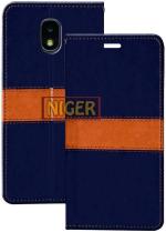 Niger Samsung Galaxy J3 Blue and Orange Artificial Leather Scratch Proof Mobile Back Flip Cover Cases with Holder