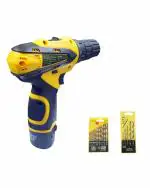 Cheston 12V Cordless Drill/Screwdriver with 10 mm Keyless Chuck, 2 Batteries, 5 Wall, 13 HSS Wood bits Variable Dual Speed and Torque Setting (19 and 1, Yellow)