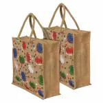 Kuber Industries Shopping Bag|Jute Eco-Friendly & Reusable Grocery Bag|Hand Bag Umbrella Print With Zip & Handle for Daily Use|16x15 Inch|Pack of 2 (Brown)