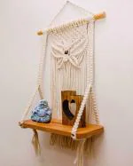 Saaz Macrame' Wall Hanging Shelf |112| Indoor Boho Wall Decor for Bedroom, Wood Hanging Shelf Handmade Woven Cotton Rope Bohemian Home Wall Decor (Set of 1, Beige)