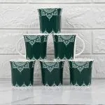 Femora Turquoise Green Cosmic Mehendi Tea Cups, Ceramic Tea Cups, Coffee Mugs (160 ml) - 6 Pcs Set (Green)