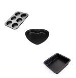 Baker's Cutlery Black Stainless Steel Cake Baking And Decoration Tools- Combo Of 6 Slot Muffin Tray With Heart Shape And Square Mould