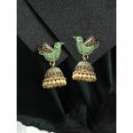 Priyaasi Green Brass Gold Plated Bird Pearl Jhumka Earrings For Women