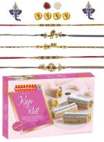 Feastive Celebrations Bikano Kaju Roll With 5 Sacred Rakhis, Pair Of Ganesha Soan, Pooja Rakhi, Kesar And Chawal (Set Of 4)