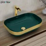 Plantex Wash Basin/Ceramic Table Top Wash Basin/Countertop Basin for Bathroom/Restaurants/Hotel-Rectangular (300, Green & Gold)
