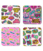 Whats Your Kick Colorful Super Funky Wow Multiple Quotes Printed Set of 4 Coaster With Beautiful Metal Stand