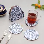 DULI Enamel Coated Blue Round Engineered Wood Moroccan Tea Coasters with Stand - 10 x 10 cm (set of 6)