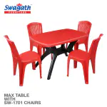 Swagath furniture Max 4 Seater Plastic Cross Leg Dining Table with 4 Nos SW-1701 without arm Chair for Home, Garden & Cafeteria (Finish Color-Red Top with Black leg , DIY(Do-It-Yourself))
