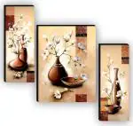 saf Set of 3 Flower Pot Home Decorative Gift Item Self Adeshive UV Textured Digital Reprint 12 inch x 9 inch Painting (Without Frame, Pack of 3)