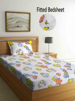 FABINALIV White Cartoon Print 210 TC Cotton Blend Fitted Single Bedsheet with Pillow Cover