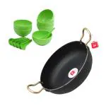 LAZYwindow Traditional Iron Deep Bottom Kadai And Green Plastic Round Shape Soup Bowls Pack of 6 with 6 Spoons