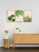 999Store Beige Canvas Golden Frame Tropical Leaf Wall Art Painting Set of 3(Bo3Frames087)