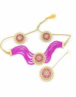 Bella Store Women Magenta Pink Meenakari Designer Wedding Stylish Kundan Round Pearl with Mangtika and Earring