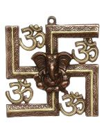 eCraftIndia Golden Metal Lord Ganesha on Om Swastik Wall Hanging 22 cm x 21 cm